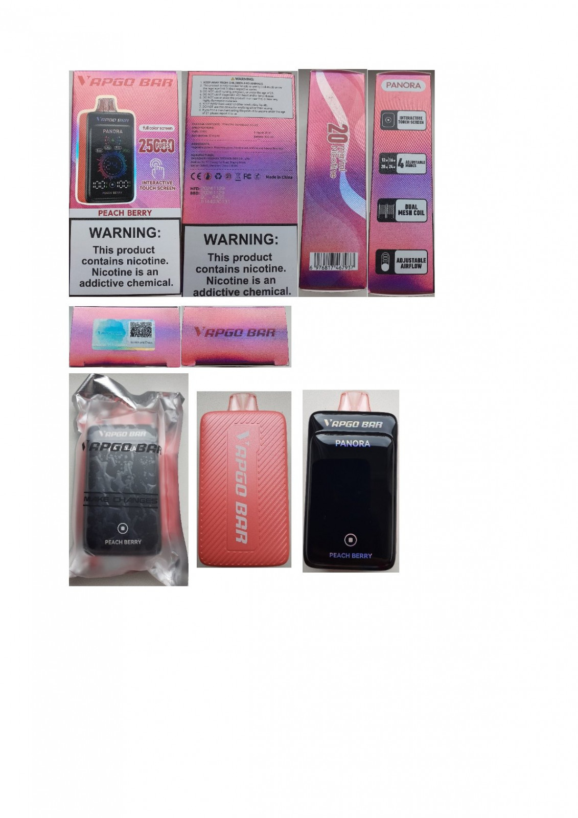 Jednorázová elektronická cigareta zn. VAPGO BAR PANORA 25000 PUFFS, Nicotine 20 mg/ml, 25 ml, příchuť Peach Berry: Fotografie
