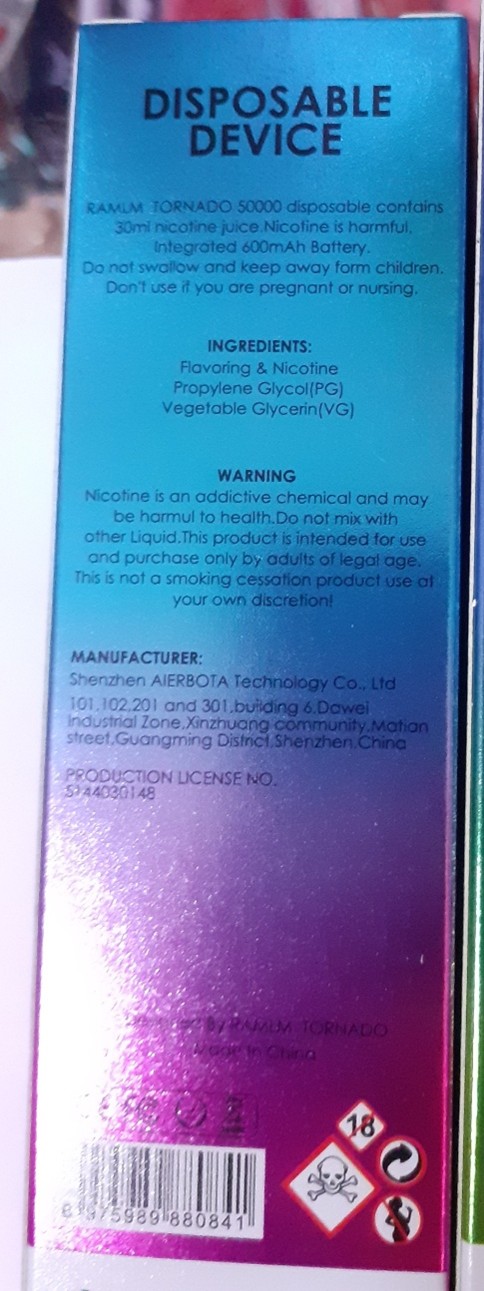 Jednorázová el. cigareta s e liquidem RALM TORNADO 50000, disposable device, různé příchutě: Fotografie č. 3