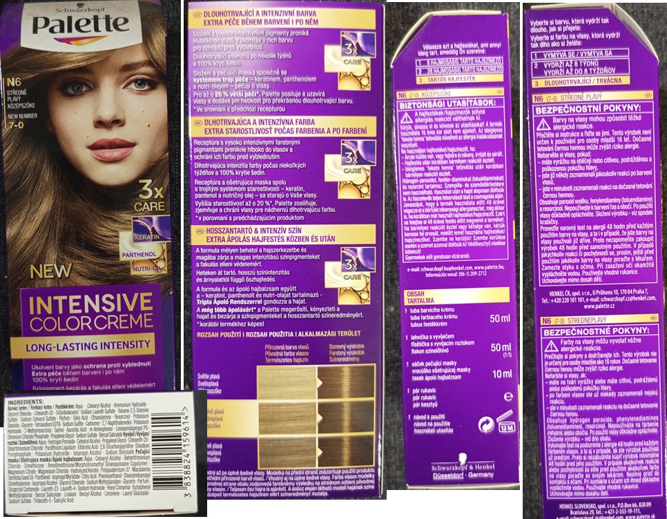 Barva na vlasy Schwarzkopf, Palette, INTENSIVE COLOR CREME, N6 STŘEDNĚ PLAVÝ 7-0: Fotografie